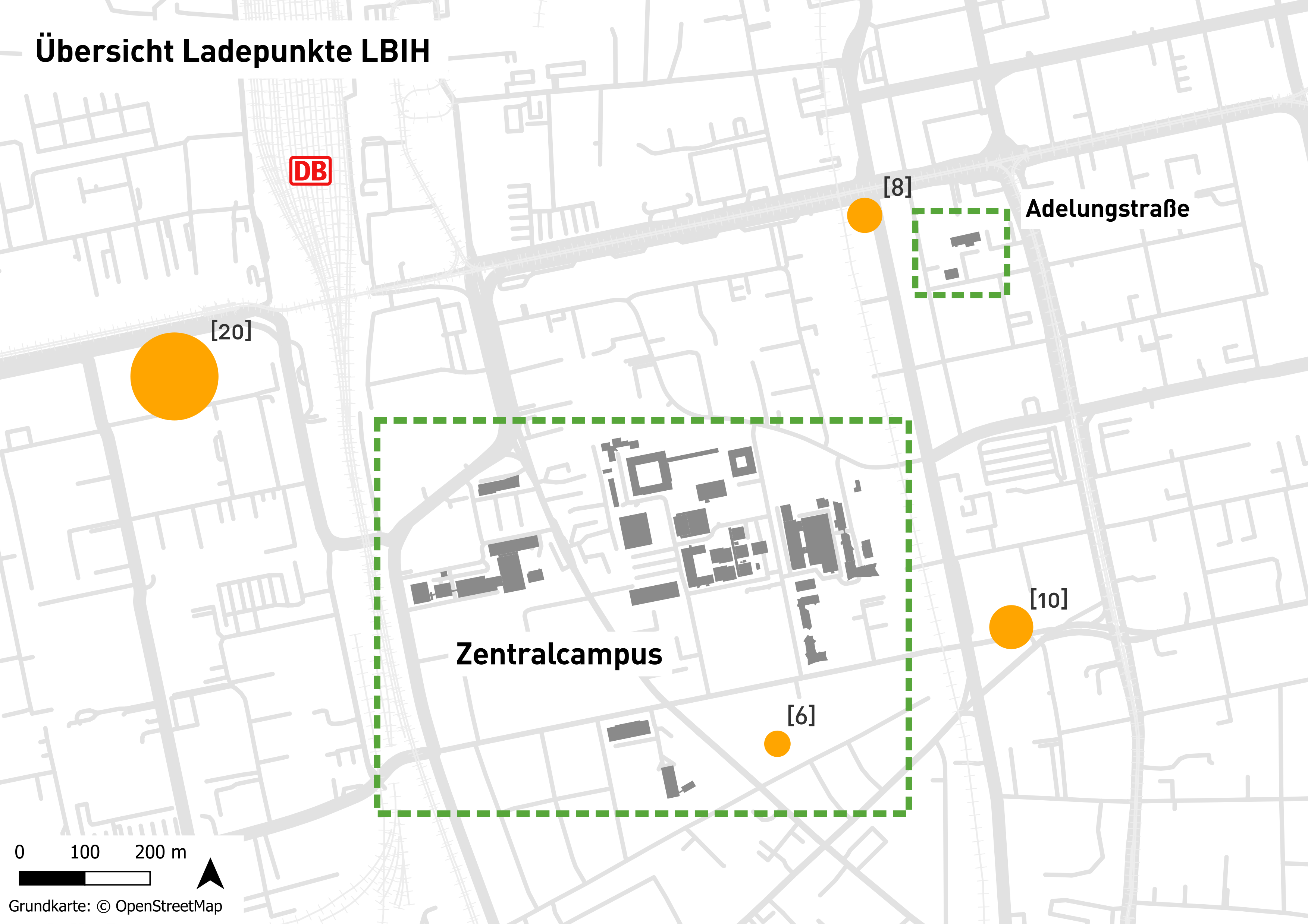 Abb. 1: Übersicht der Ladepunkte in Laufweite zum Hauptcampus 