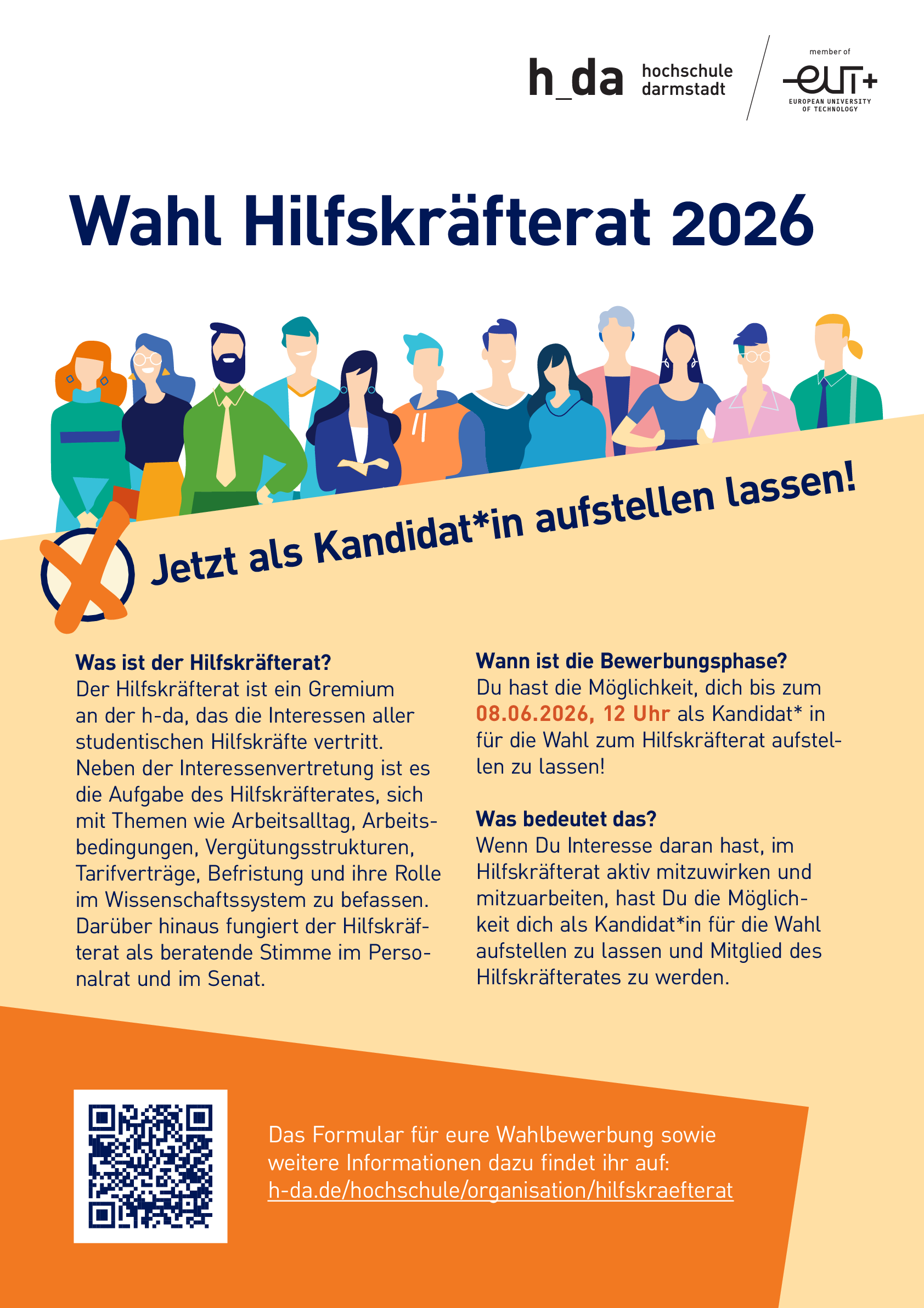 Poster mit dem Aufruf zur Kandidatur für den HIlfskräfterat
