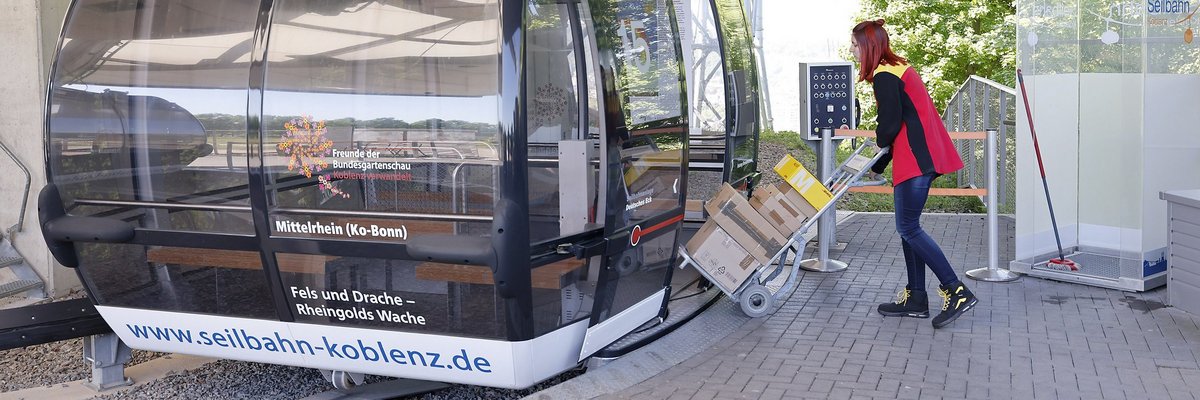 Den Pakettransport per Seilbahn testen derzeit die Hochschule Darmstadt, DHL und die Seilbahn Koblenz. Foto: Deutsche Post/DHL, Bernd Georg.