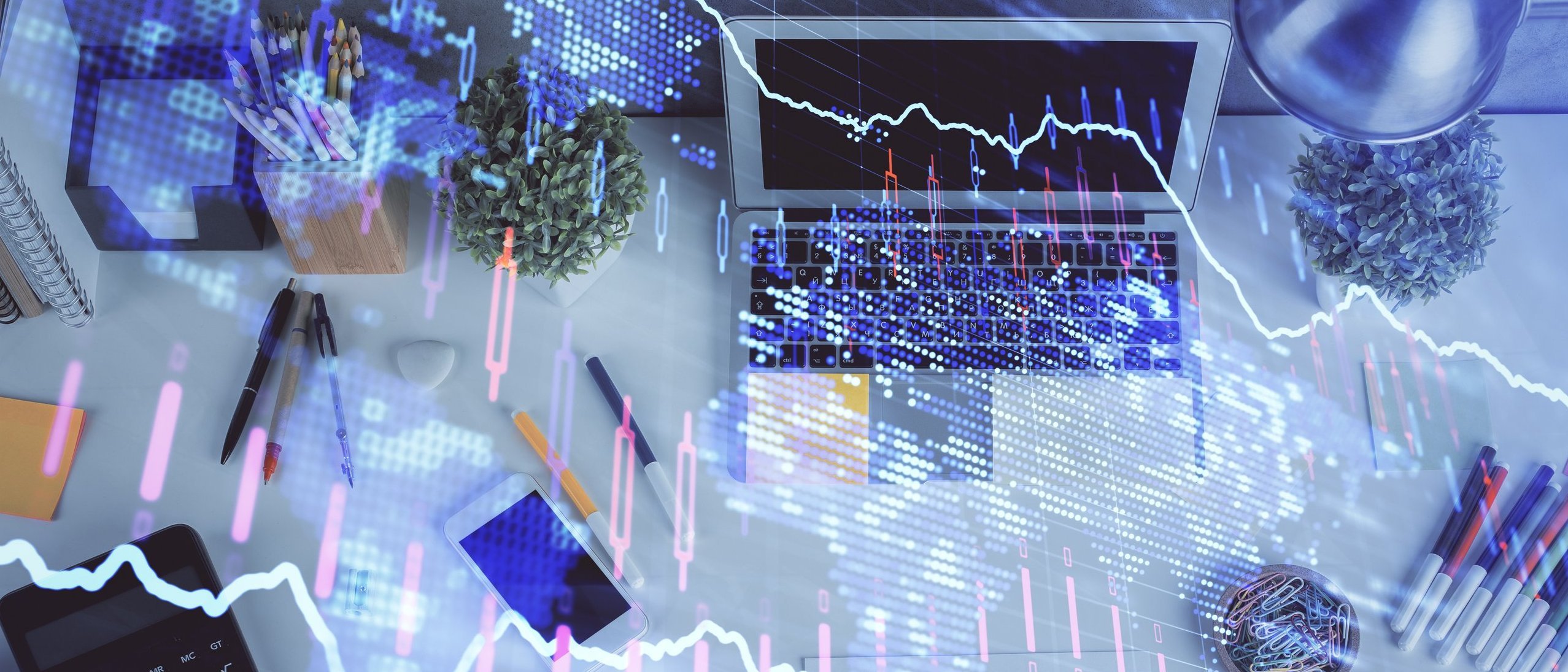 Double exposure of forex chart drawing over table background wit Symbolbild Forschung