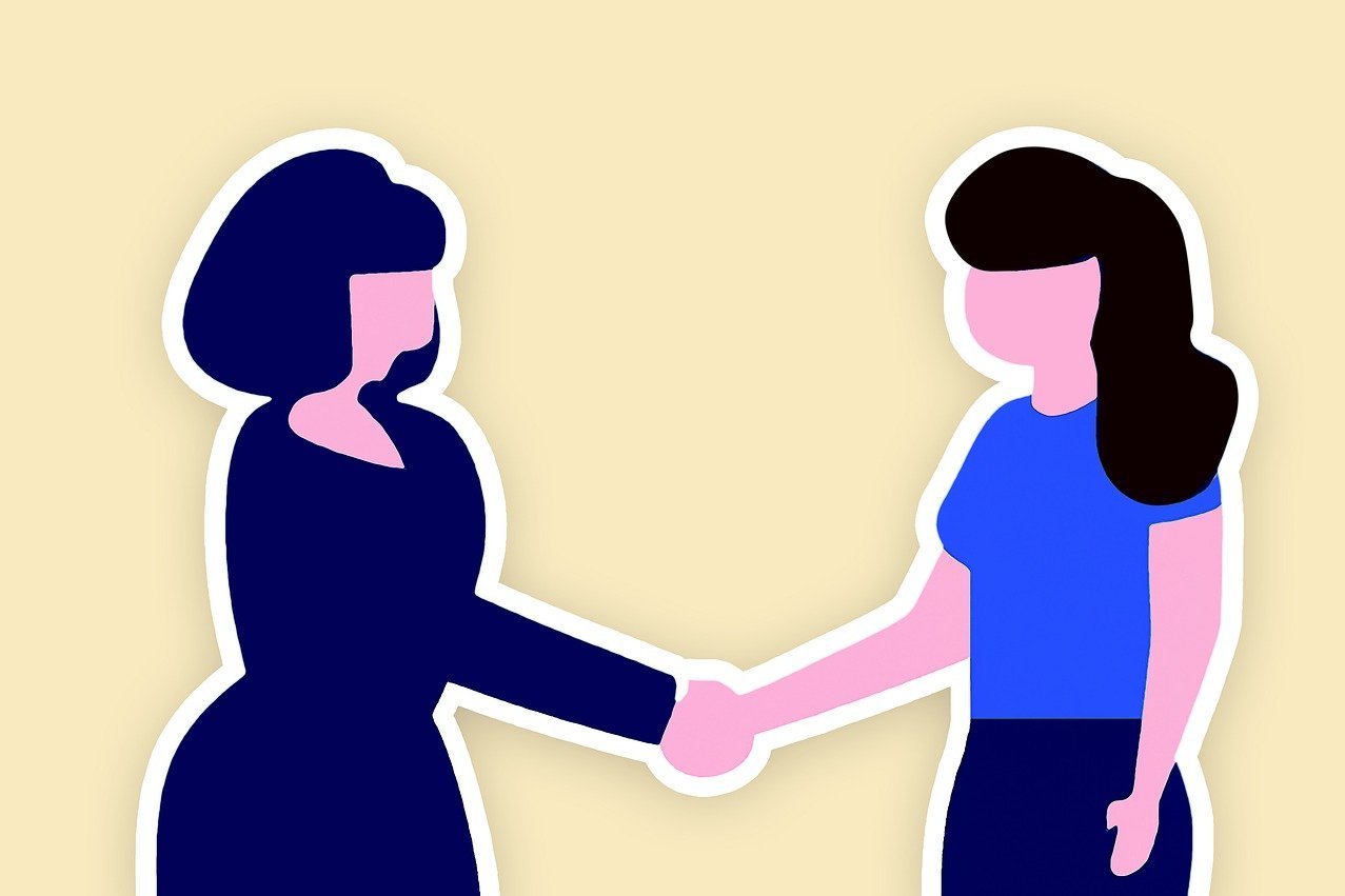 Illustration zwei Personen reichen sich die Hände zur Begrüßung
