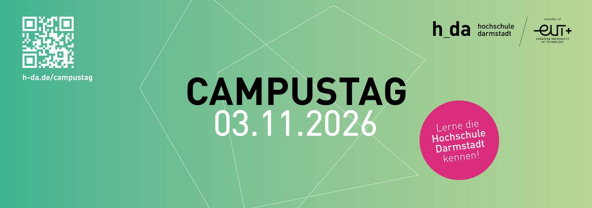 zur Veranstaltungsseite verlinkter Slider mit Veranstaltungstitel, Datum, Hochschullogo und Slogan "Lerne die Hochschule Darmstadt kennen!"
