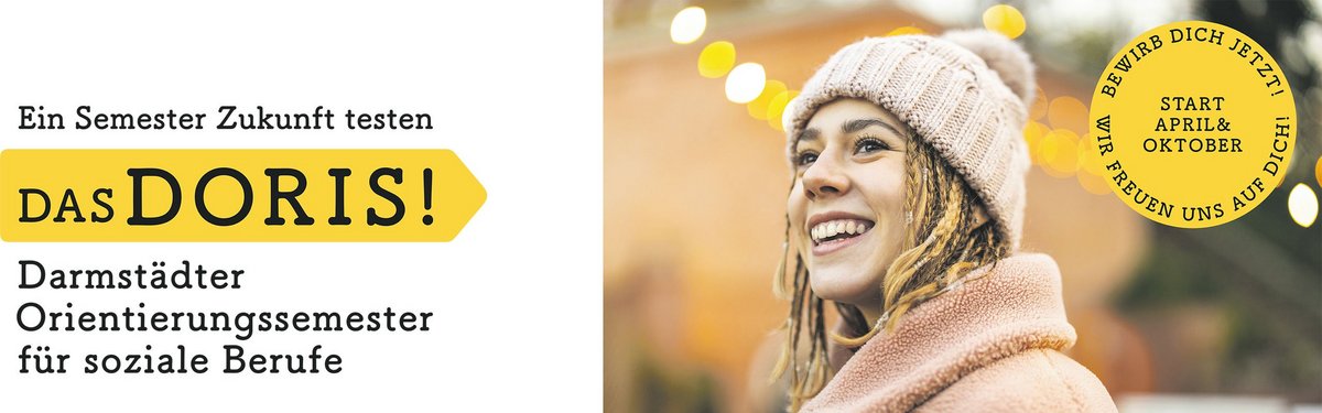 Banner für "DasDoris" - Bewerben Darmstädter Orientierungssemester für soziale Berufe, mit Link zur Webseite.