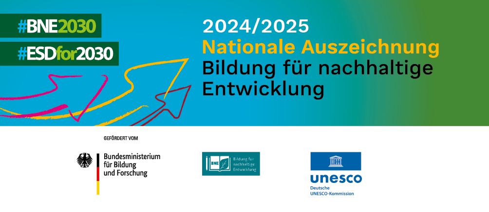 Logo "Nationale Auszeichnung – Bildung für nachhaltige Entwicklung" für 2024/2025 mit Verweisen auf #BNE2030 und #ESDfor2030