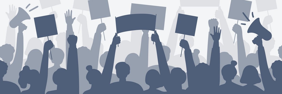 Die Grafik in Grautönen zeigt die Silhouetten von Menschen auf einer Demonstration