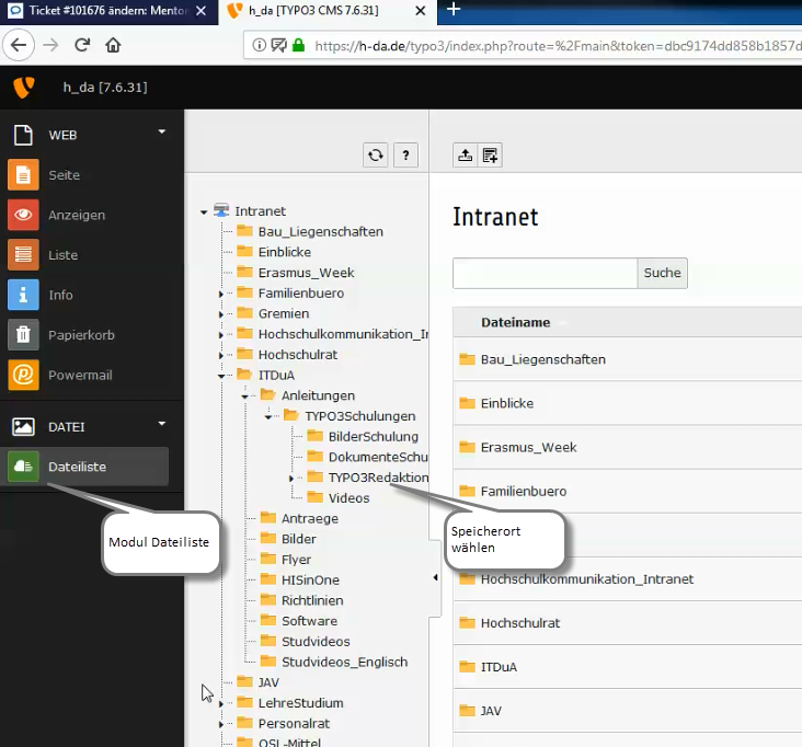 1. Wechseln Sie im Modul Datei durch Klicken der "Dateiliste" in die Dateiablage von TYPO 3. 1. Wechseln Sie im Modul Datei durch Klicken der "Dateiliste" in die Dateiablage von TYPO 3.