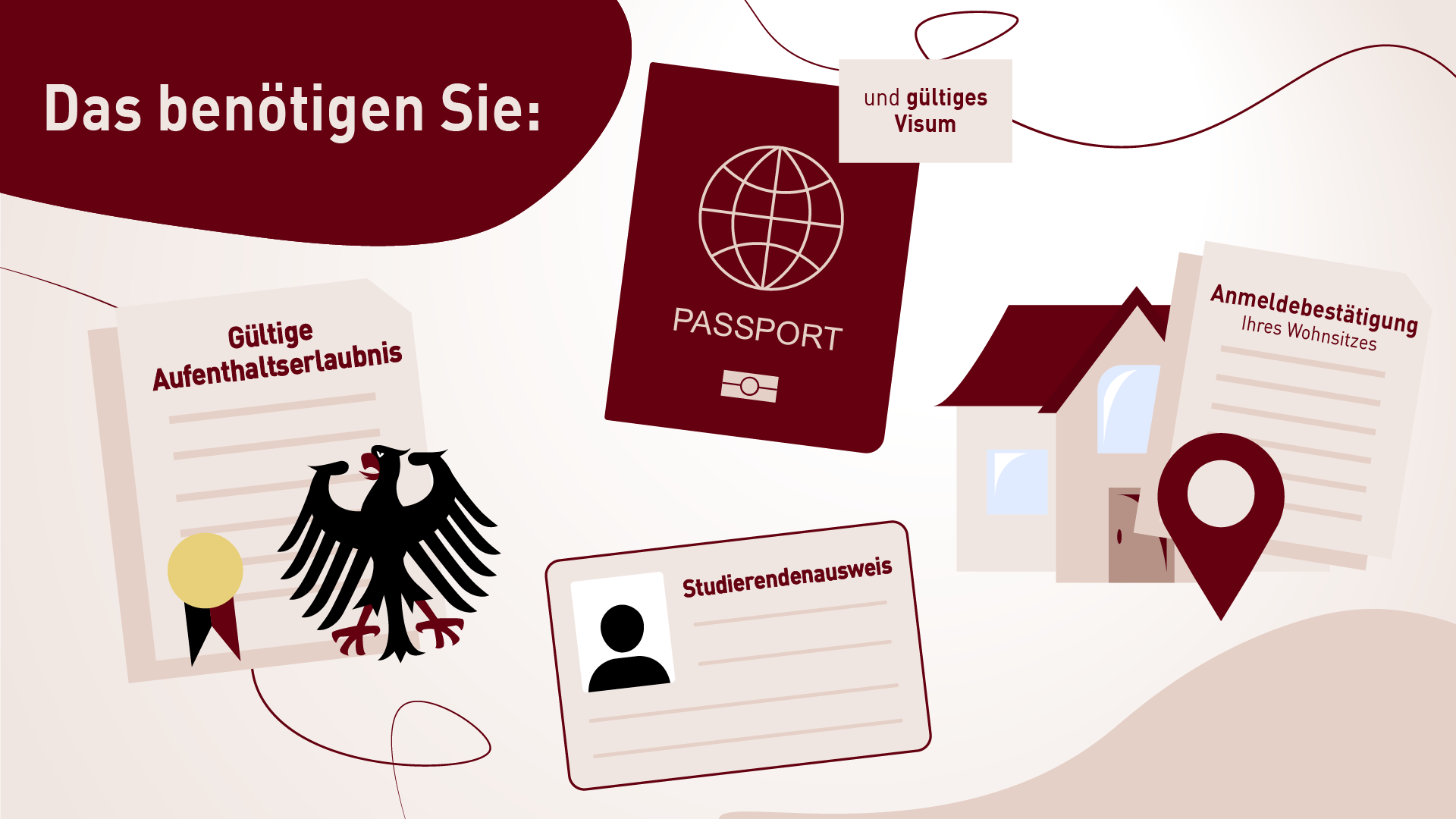 Benötigt werden: Gültige Aufenthaltserlaubnis, Passport, gültiges Visum, Studierendenausweis, Anmeldebestätigung des Wohnsitzes