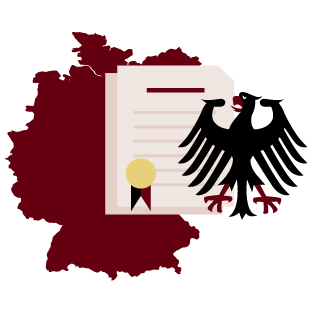 Icon Collage: Bundesadler im rechten Vordergrund mit Zertifikat und der Deutschlandkontur im Hintergrund 