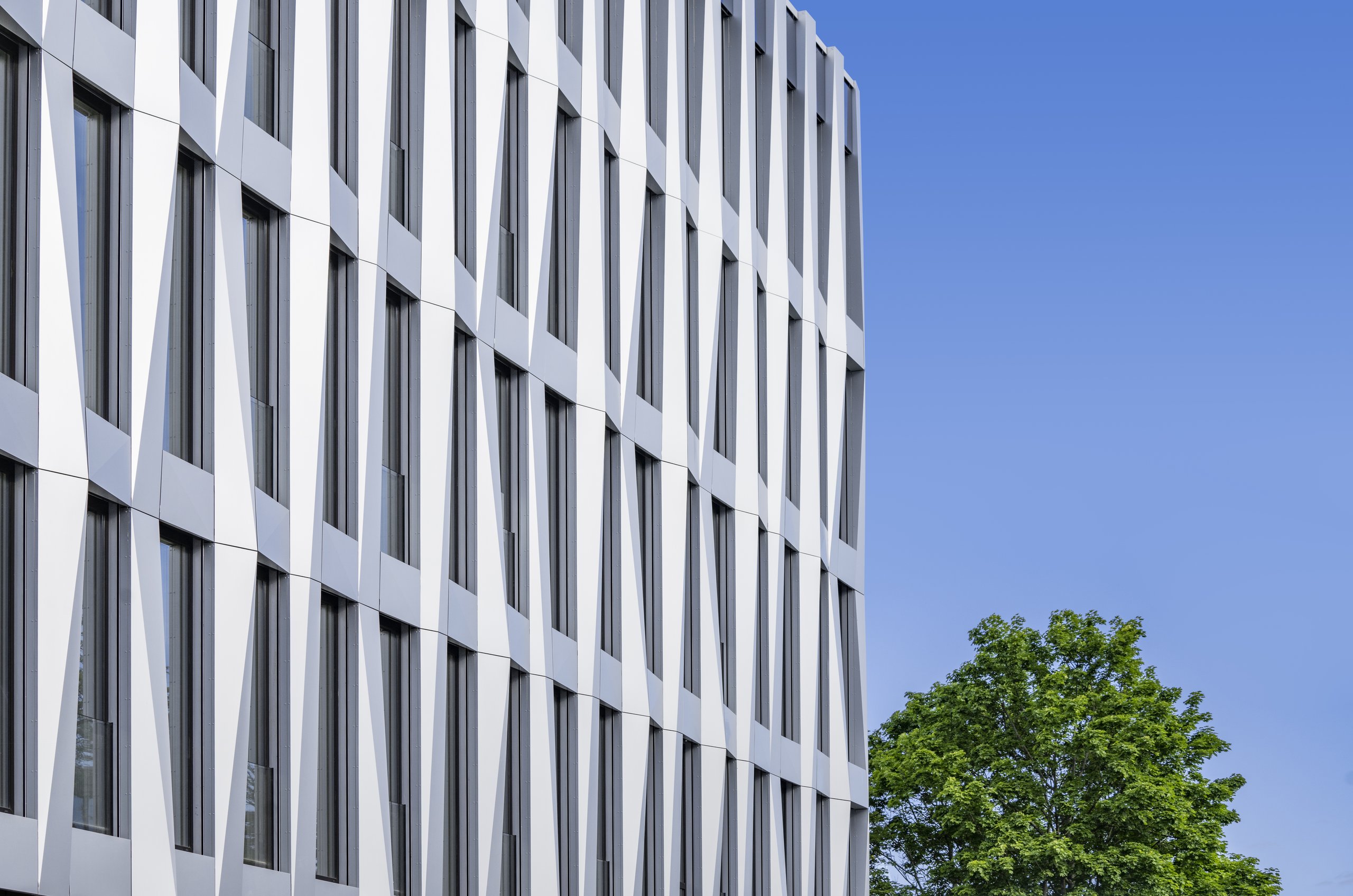 Symbolbild - das Studierendenhaus der Hochschule Darmstadt auf dem Hauptcampus in Darmstadt auf der linken und mit einem Baum auf der rechten Seite des Bildes